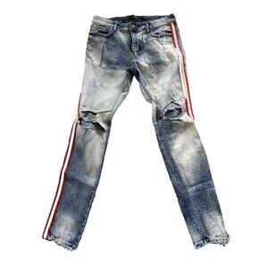 Jordan Craig Sean Jeans Mens 36 x 34 Blue Light Wash Distressed Striped Straight